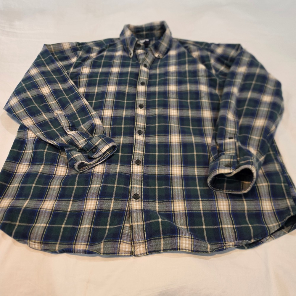Lands' End Flannel Shirt Mens XXL Green Blue Plaid Excellent Traditional Fit